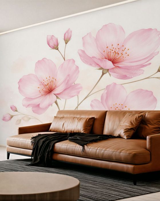 Fototapeten Zarte rosa Blumen auf hellem Hintergrund