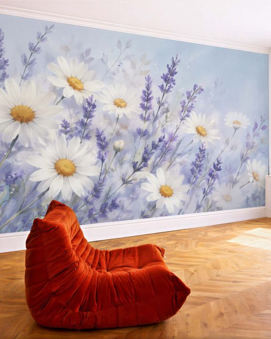 Fototapeten Lavendel und Gänseblümchen in Aquarell