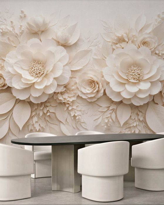 Fototapeten Cremefarbene Blumen in elegantem Relief