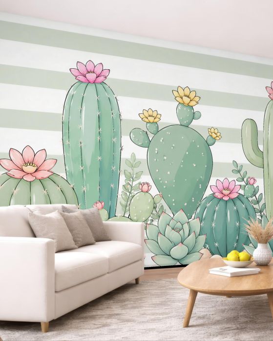 Fototapeten Pastellkakteen mit Blumen