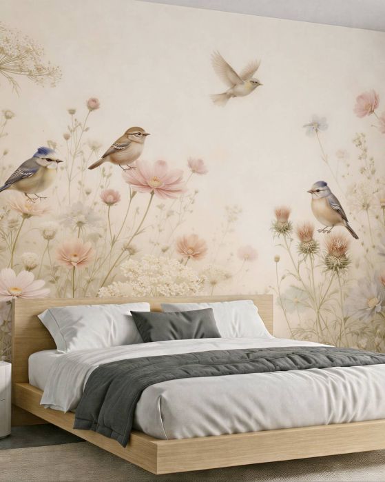 Fototapeten Pastellvögel auf einer blumigen Wiese