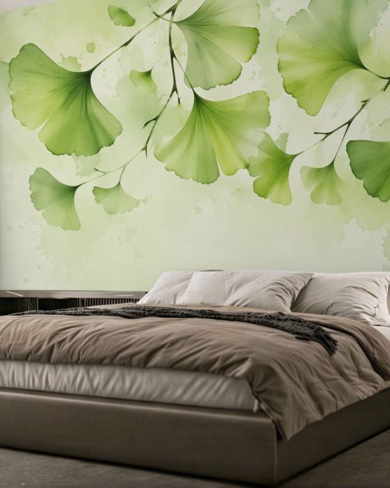 Fototapeten Grüne Ginkgoblätter in Aquarell