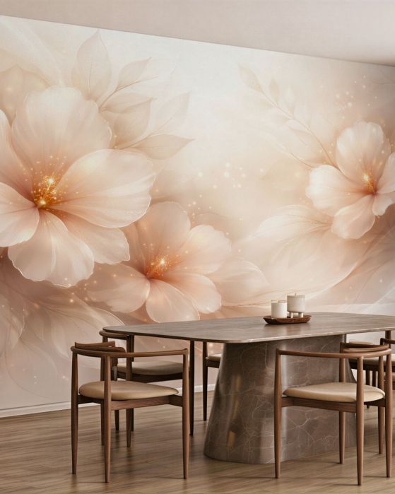 Fototapeten Leuchtende Blumen im beigen Nebel