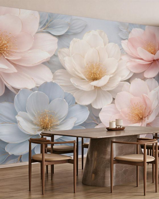 Fototapeten Pastellfarbene Blumen mit goldenem Schimmer