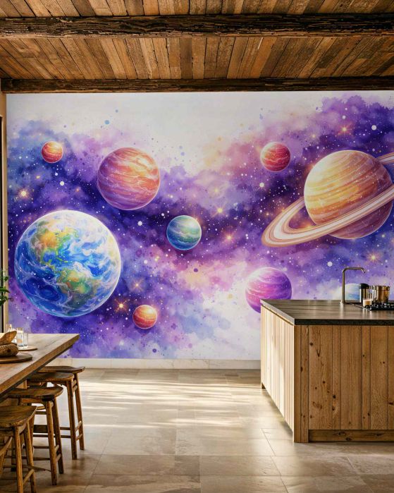 Fototapeten Aquarellplaneten im violetten Kosmos
