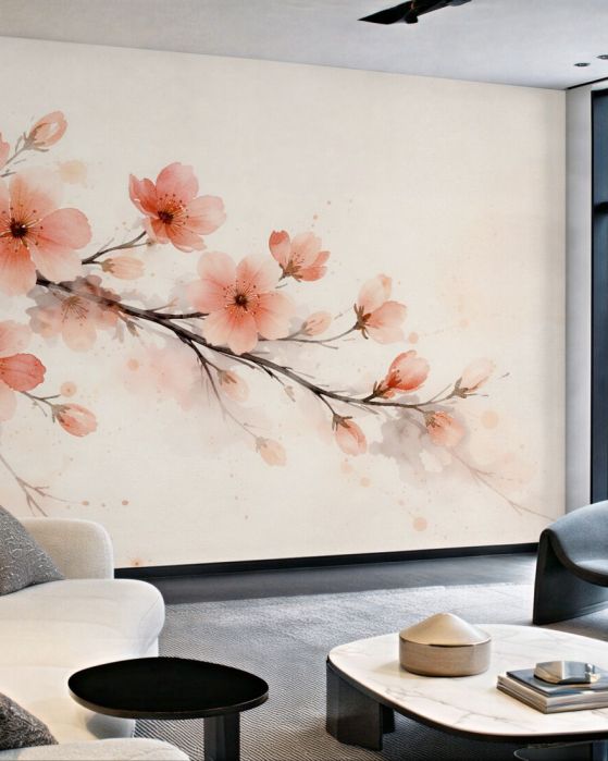 Fototapeten Aquarellzweig der blühenden Kirschblüte