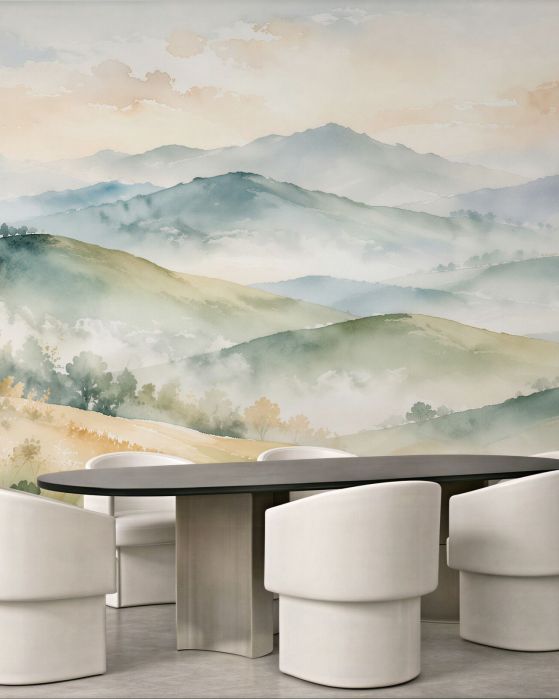Fototapeten Nebelige Landschaft aus Aquarellhügeln