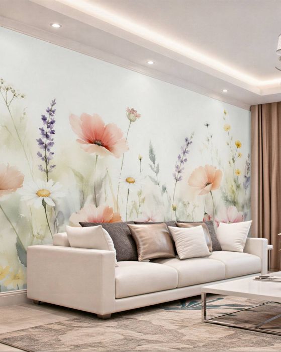 Fototapeten Aquarell-Wiese mit Pastellblumen