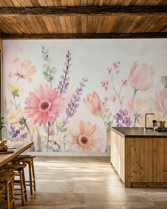Fototapeten Pastellwiese aus Aquarellblumen