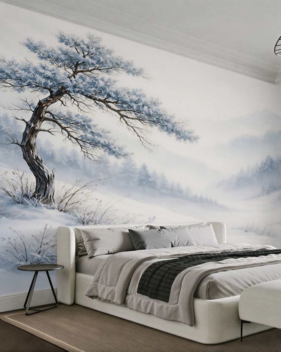 Fototapeten Winterlandschaft mit einsamer Kiefer