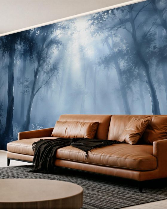 Fototapeten Waldnebel im blauen Licht