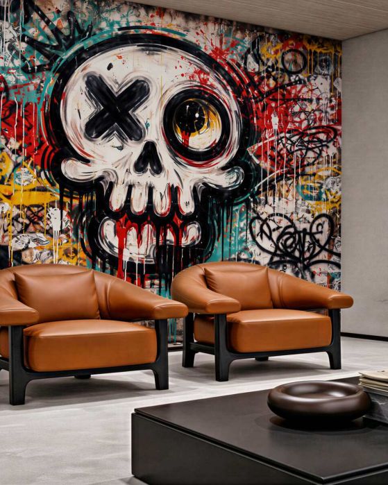 Fototapeten Graffiti mit Totenkopf und Straßenchaos