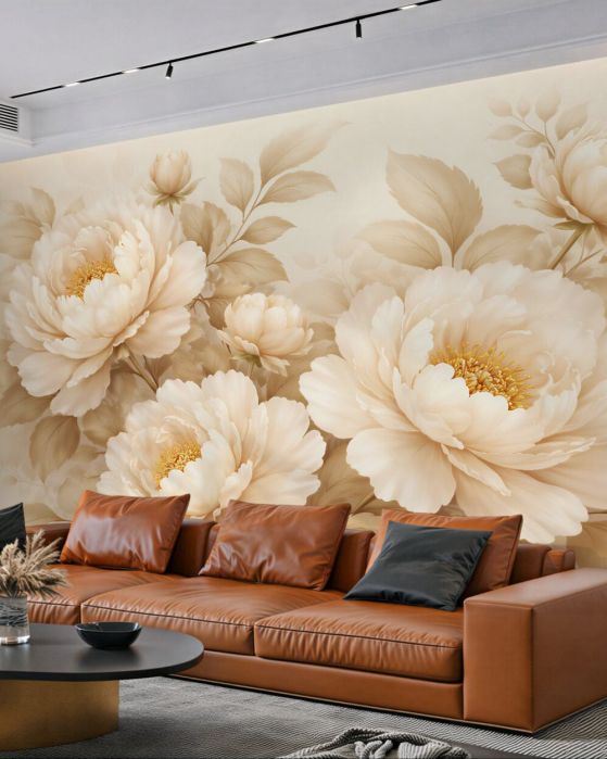 Fototapeten Beige Pfingstrosen im eleganten Stil