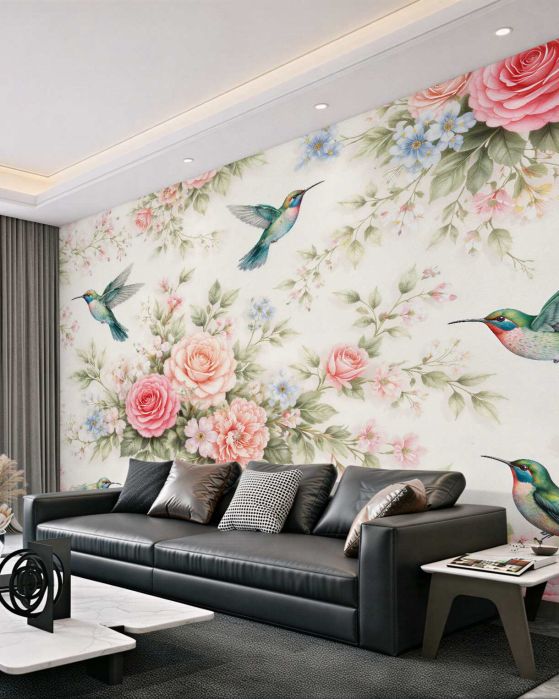 Fototapeten Kolibris zwischen Rosenblüten