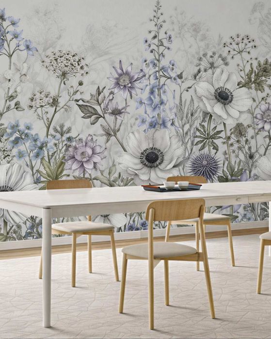 Fototapeten Zarte Wiese mit pastellfarbenen Blumen