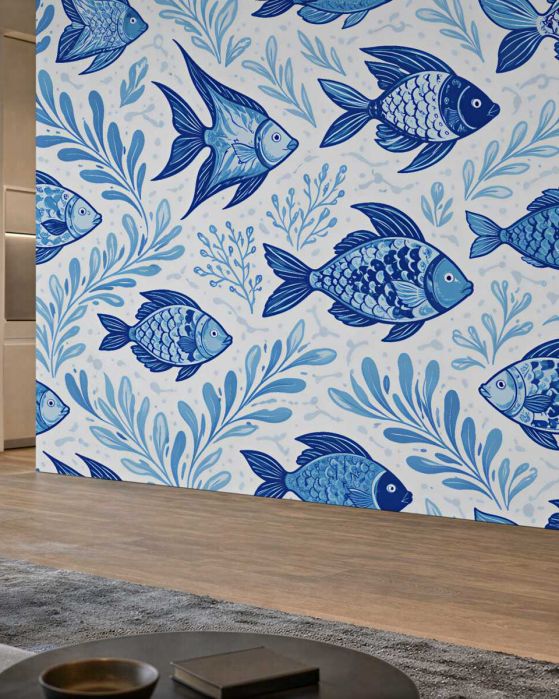 Fototapeten Blaue Fische und Meerespflanzen