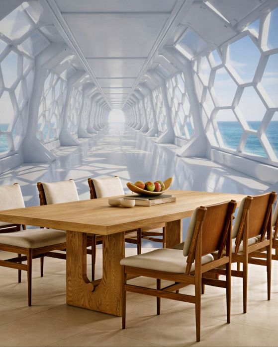 Fototapeten Futuristischer Korridor mit Meerblick