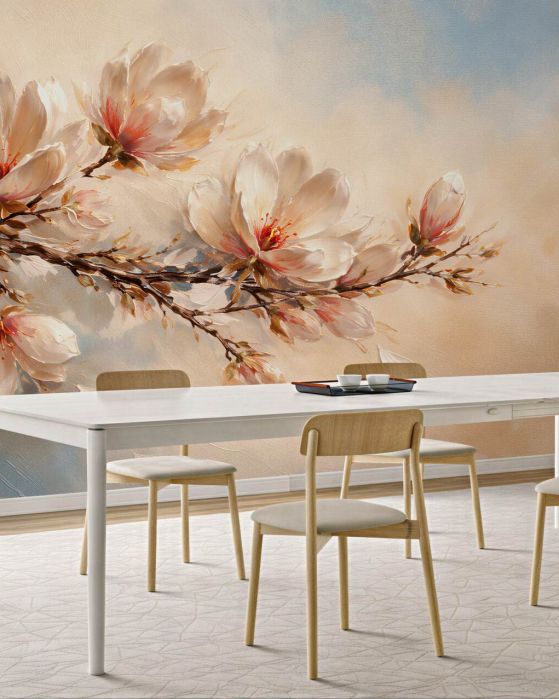 Fototapeten Zarter Magnolienzweig im Licht