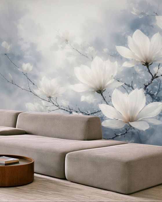 Fototapeten Weiße Magnolien im blauen Schimmer