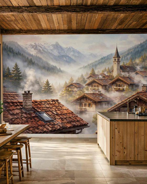 Fototapeten Bergdorf im Nebel