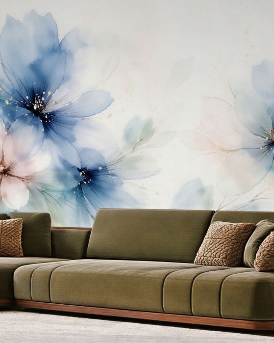 Fototapeten Blaue Blumen im Aquarellglanz