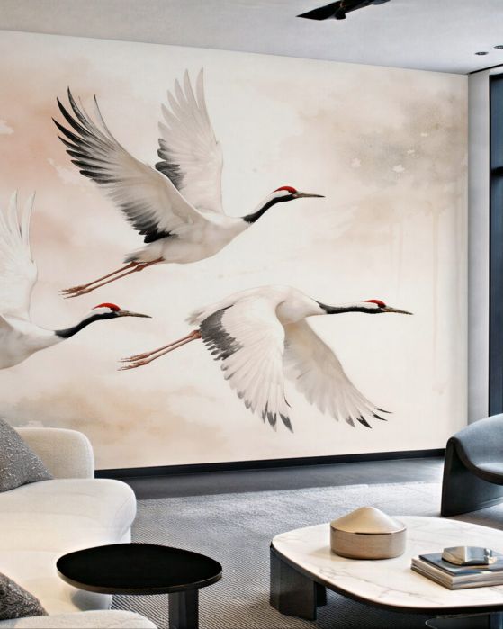 Fototapeten Fliegende Kraniche in Pastelltönen