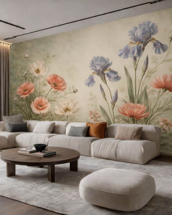 Fototapeten Pastellmohn und Schwertlilien