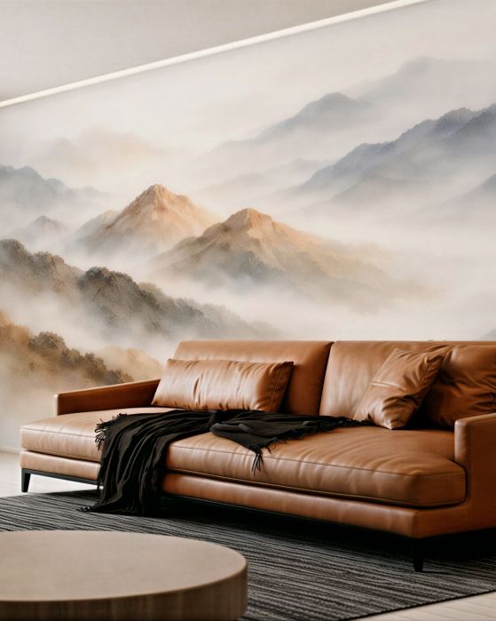 Fototapeten Goldene Berge im Nebel