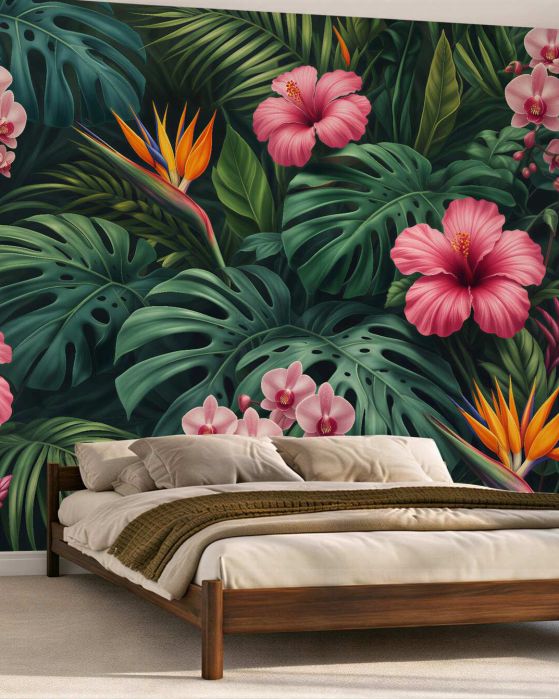 Fototapeten Tropischer Dschungel mit rosa Blumen