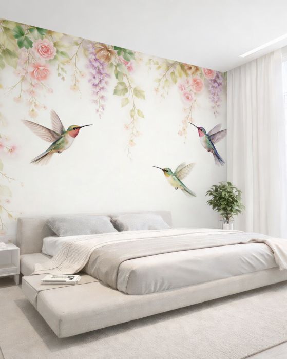 Fototapeten Kolibris in pastelligen Blüten