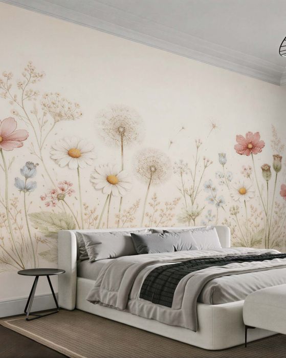 Fototapeten Zarte Blumenwiese mit Pusteblumen