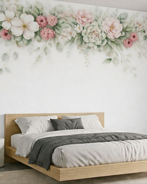 Fototapeten Zarte Girlande aus pastellfarbenen Blumen
