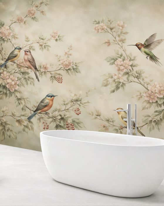 Fototapeten Romantische Vögel in Blumen