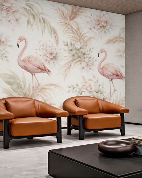 Fototapeten Pastellfarbene Flamingos in Blumen