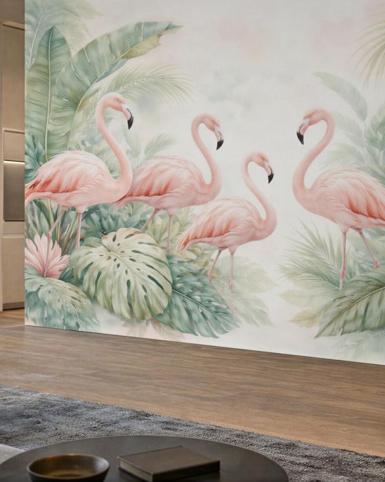 Fototapeten Flamingos in tropischen Blättern