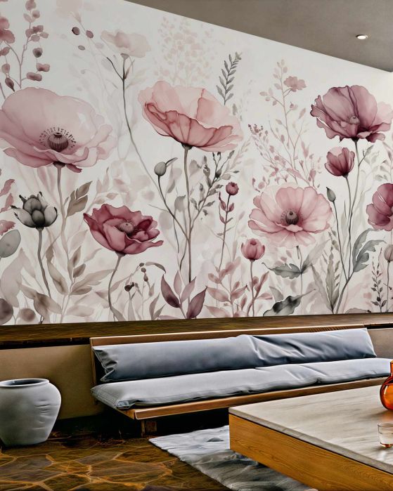 Fototapeten puderfarbene Mohnblumen in Aquarell
