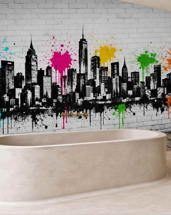 Fototapeten Buntes Graffiti einer städtischen Skyline