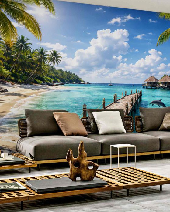 Fototapeten Paradiesischer Strand mit Delfinen