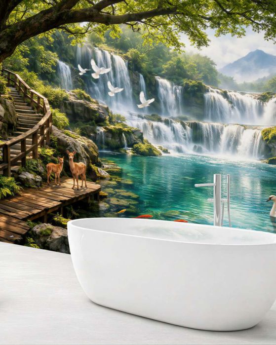 Fototapeten Paradiesischer Wasserfall mit Schwänen