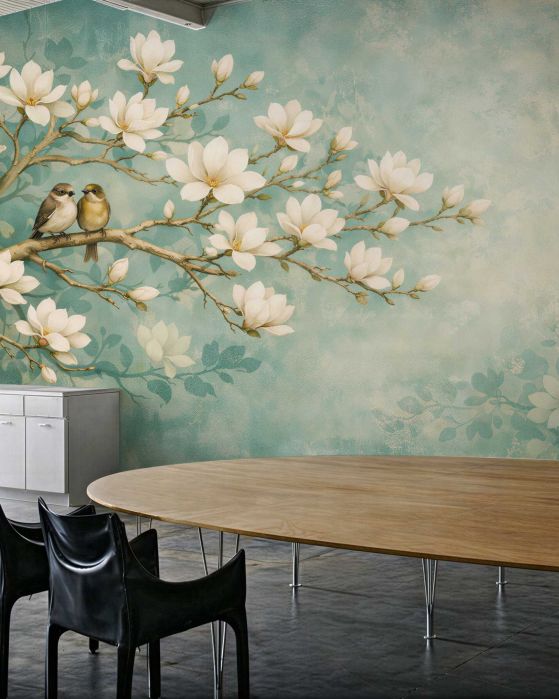 Fototapeten Magnolien mit Vögelchen auf einem Zweig