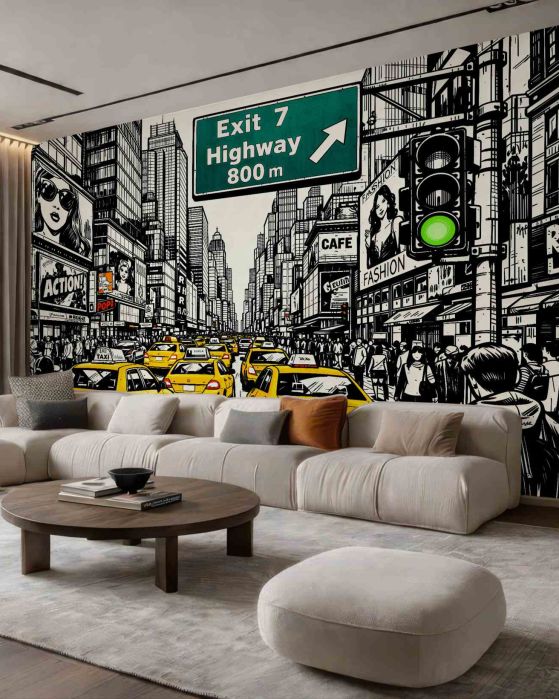 Fototapeten Comic-Straße mit gelben Taxis