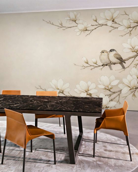 Fototapeten Magnolien mit Vögelchen in Beige