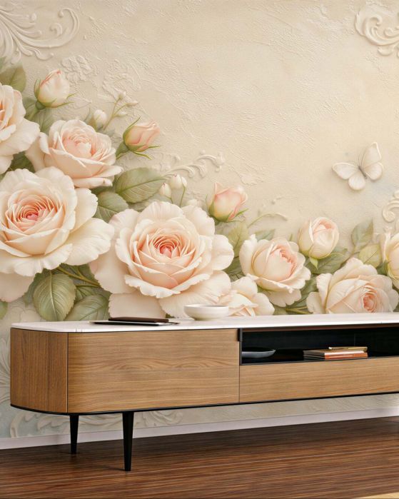 Fototapeten Cremefarbene Rosen im Glamour-Stil