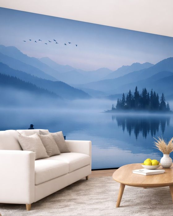 Fototapeten Neblige Berglandschaft am See