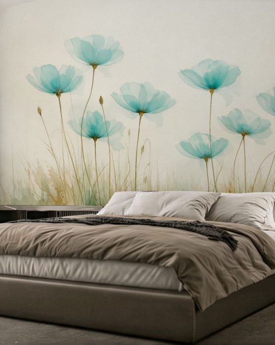 Fototapeten Türkise Blumen in zarter Aquarellmalerei