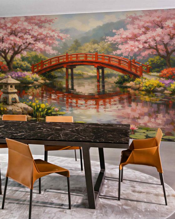 Fototapeten Japanischer Garten mit roter Brücke