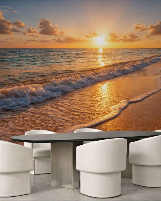 Fototapeten Goldener Sonnenuntergang am Strand