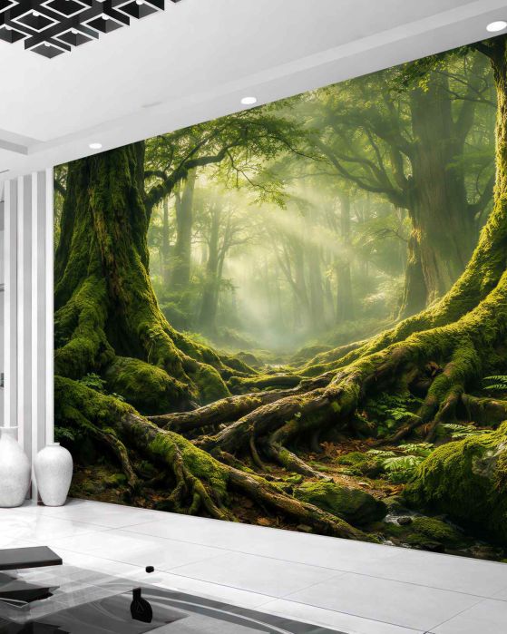 Fototapeten Märchenhafter Wald in Lichtstrahlen