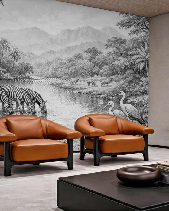 Fototapeten Zebras und Reiher im Dschungel