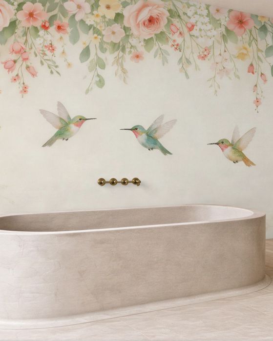 Fototapeten Pastellfarbene Kolibris in Blumen